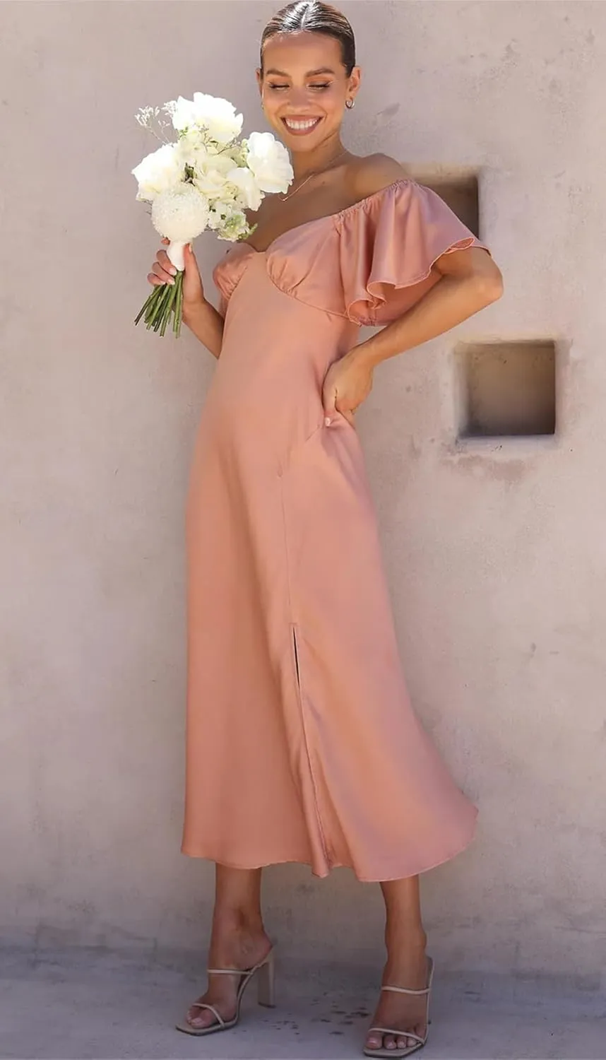 2025 Summer Women's Satin Off Shoulder Formal Dress Wedding Guest Elegant Butterfly Sleeve Split Cocktail Prom Midi Dresses