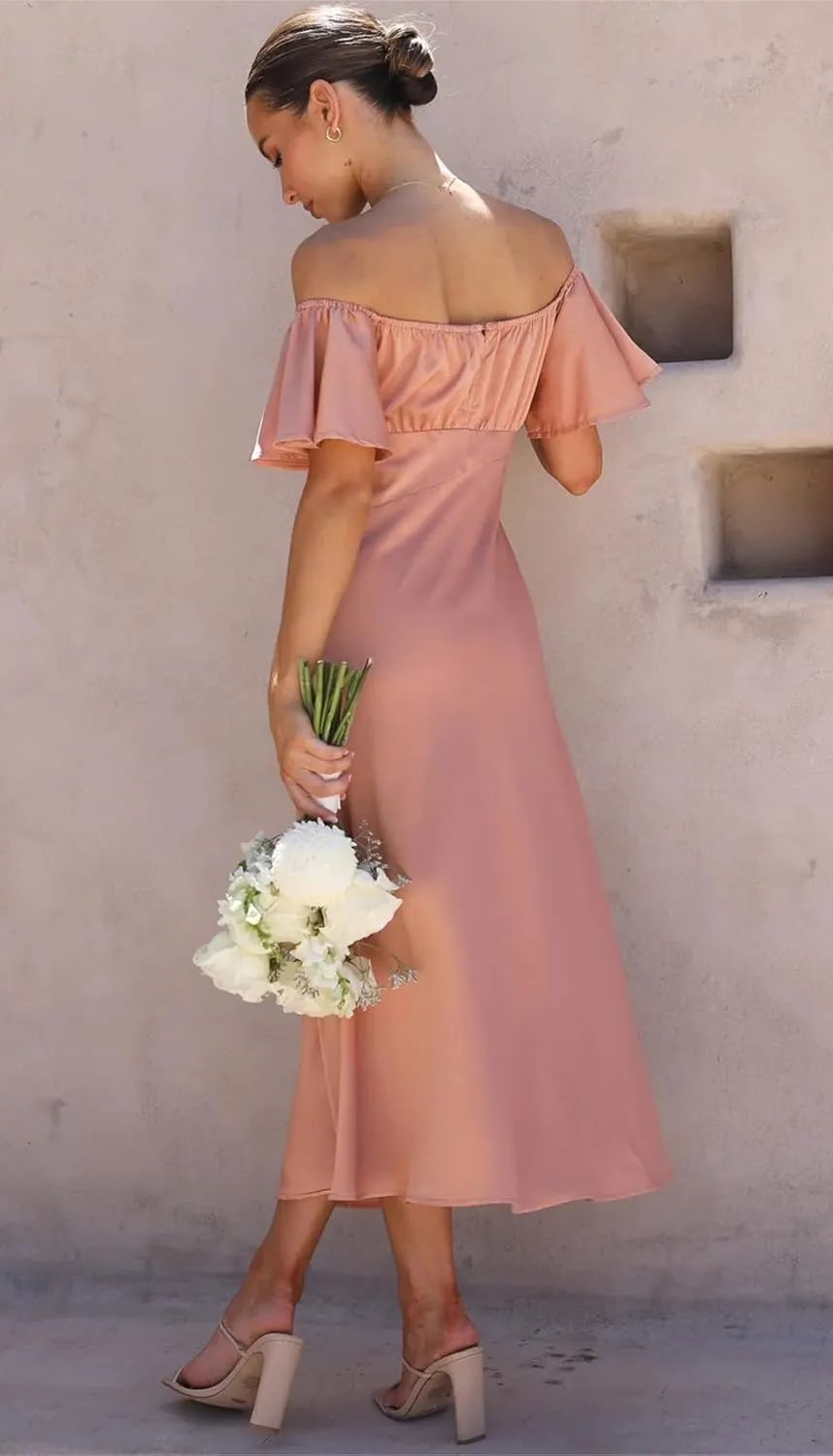 2025 Summer Women's Satin Off Shoulder Formal Dress Wedding Guest Elegant Butterfly Sleeve Split Cocktail Prom Midi Dresses