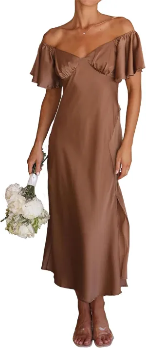 2025 Summer Women's Satin Off Shoulder Formal Dress Wedding Guest Elegant Butterfly Sleeve Split Cocktail Prom Midi Dresses