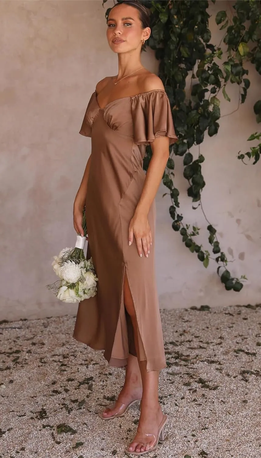 2025 Summer Women's Satin Off Shoulder Formal Dress Wedding Guest Elegant Butterfly Sleeve Split Cocktail Prom Midi Dresses