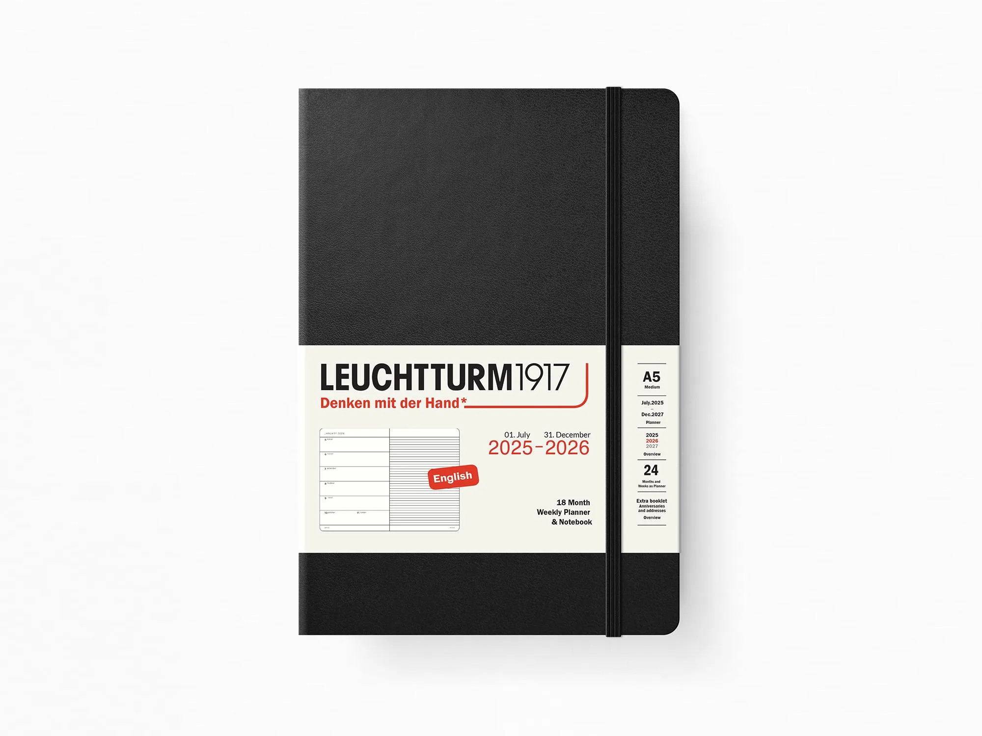 2026 Leuchtturm 1917 Weekly Planner & Notebook 18 Months - BLACK Hardcover, Ruled