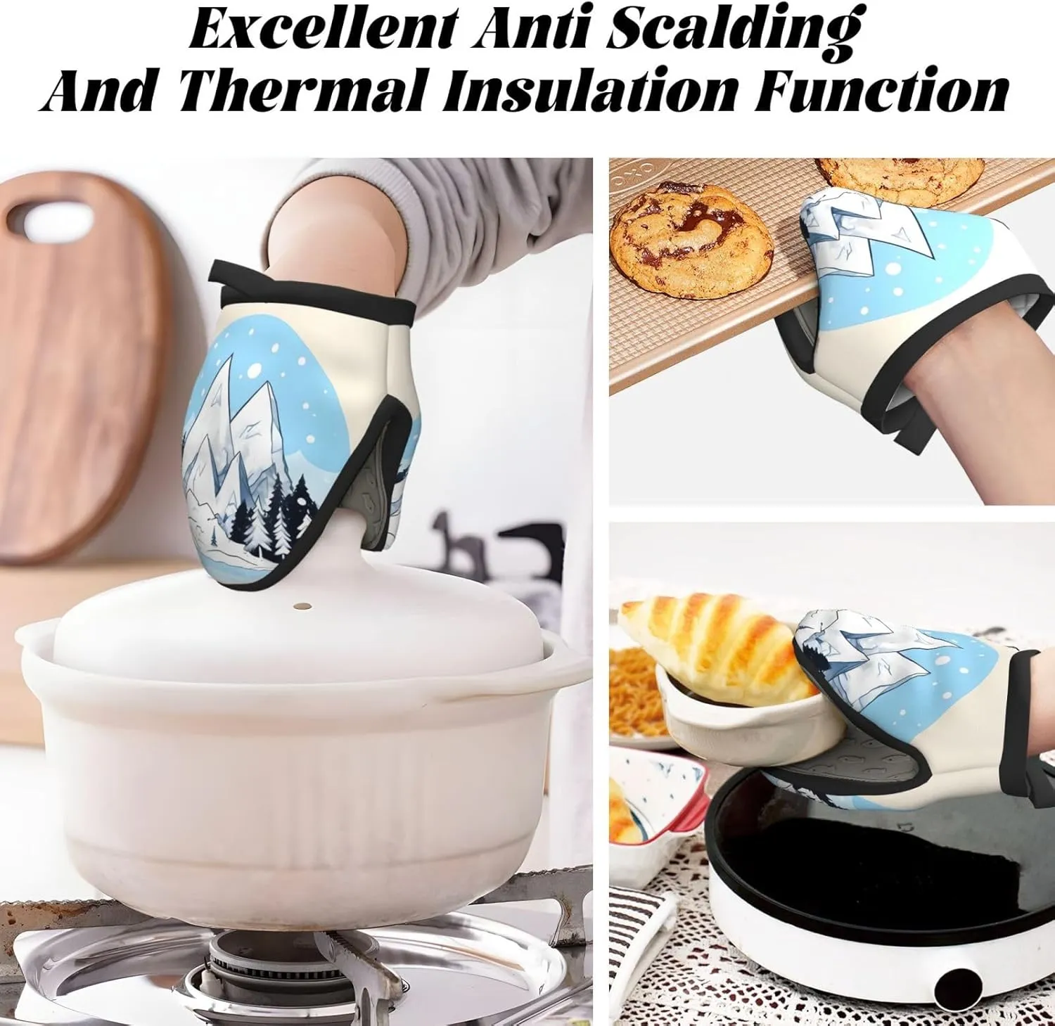 2PCS Mini Silicone Oven Mitts Snow-Capped Mountains Print Pot Holders Set â€“ 260°C Protection, Ideal for Baking, Cooking, Grilling