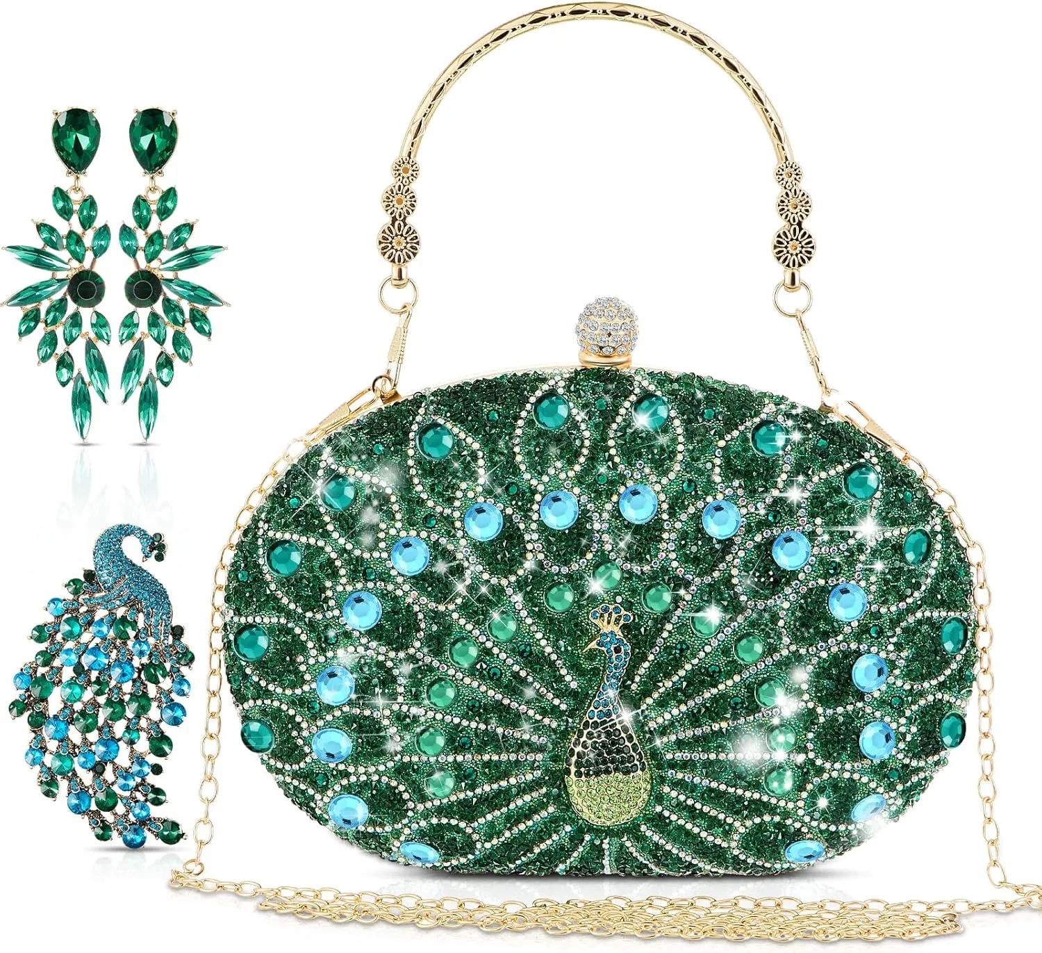 3 Pieces Evening Clutch Purses Set for Women Evening Wedding Formal Peacock Bag Crystal Diamond with Earrings and Brooch Pin,green Rhinestone Handbag Accessories Gifts for Peacock Lovers