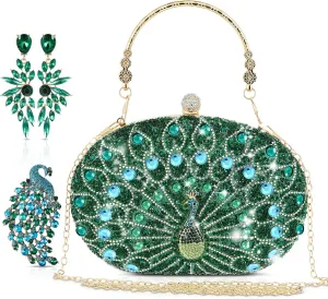 3 Pieces Evening Clutch Purses Set for Women Evening Wedding Formal Peacock Bag Crystal Diamond with Earrings and Brooch Pin,green Rhinestone Handbag Accessories Gifts for Peacock Lovers