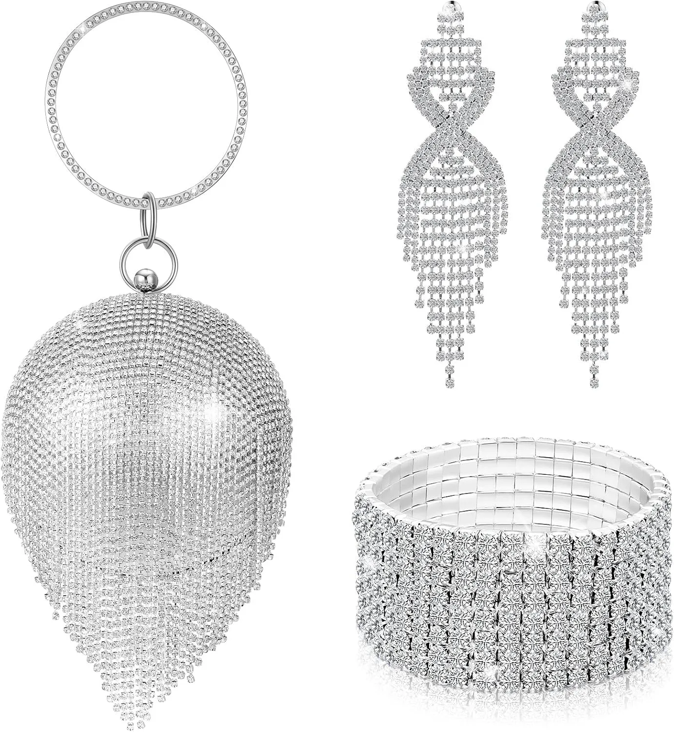 3 Pieces Silver Clutch Purses Bag for Women Evening Rhinestone Jewelry Set Bling Earrings Elastic Bracelets Set Rhinestone for Women Wedding Party