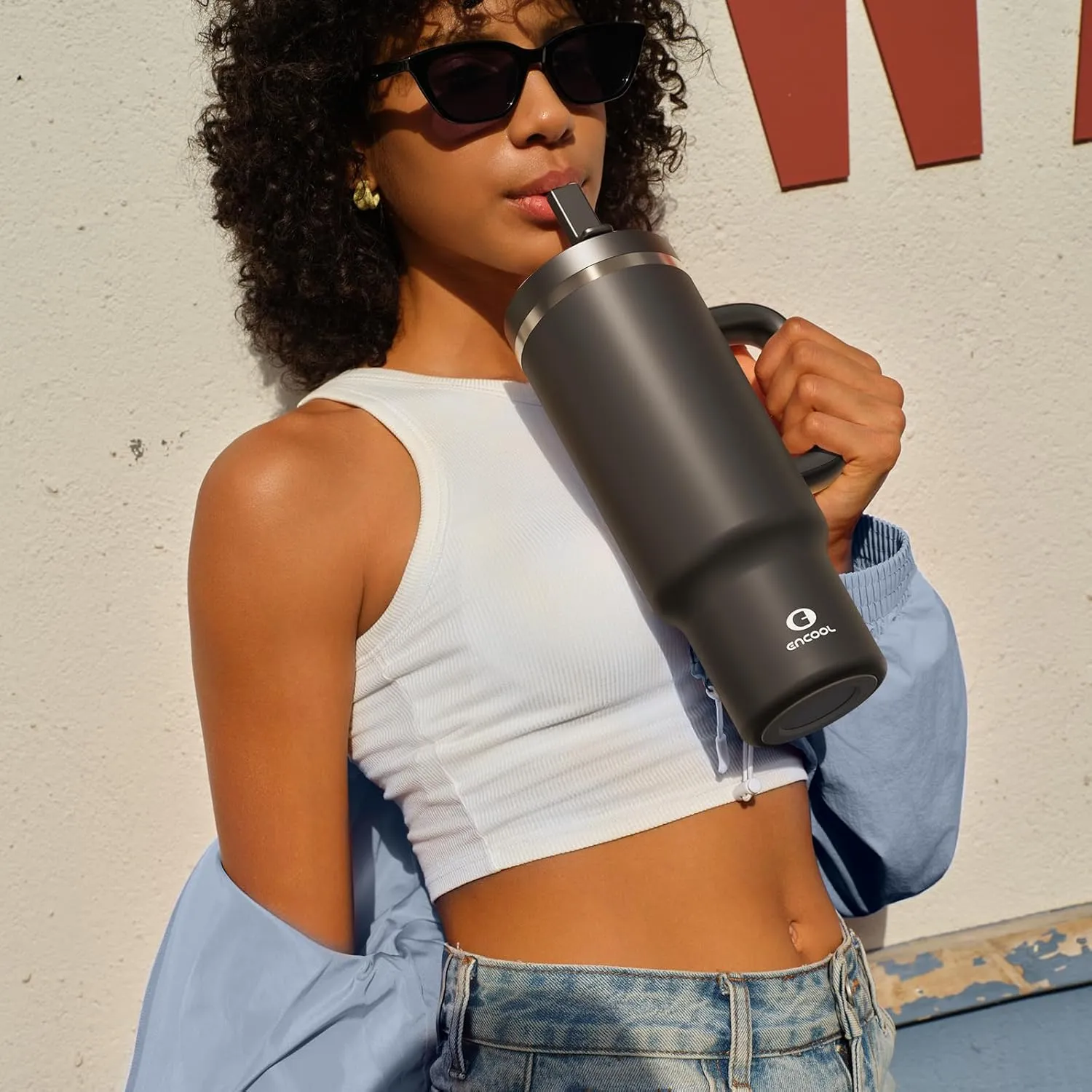 32 oz Tumbler with Handle and Straw: Stainless Steel Insulated Tumbler Keeps Cold for 24 Hours, Leakproof Travel Cup Fits in Cup Holder and BPA-Free, Black Night