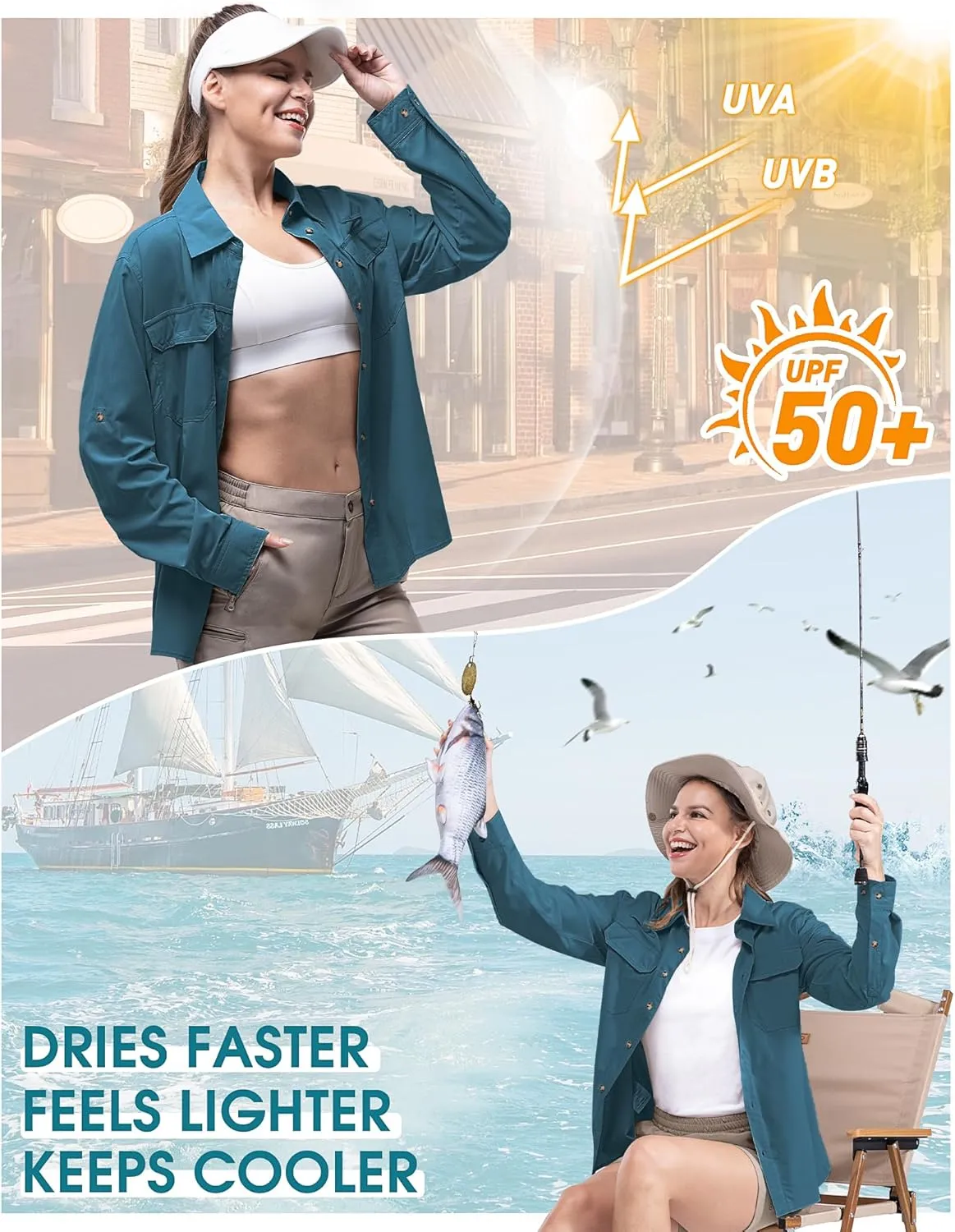 33,000ft Women's UPF 50 UV Sun Protection Shirt, Cool Quick Dry Long Sleeve Outdoor Fishing Hiking Safari Travel Shirt