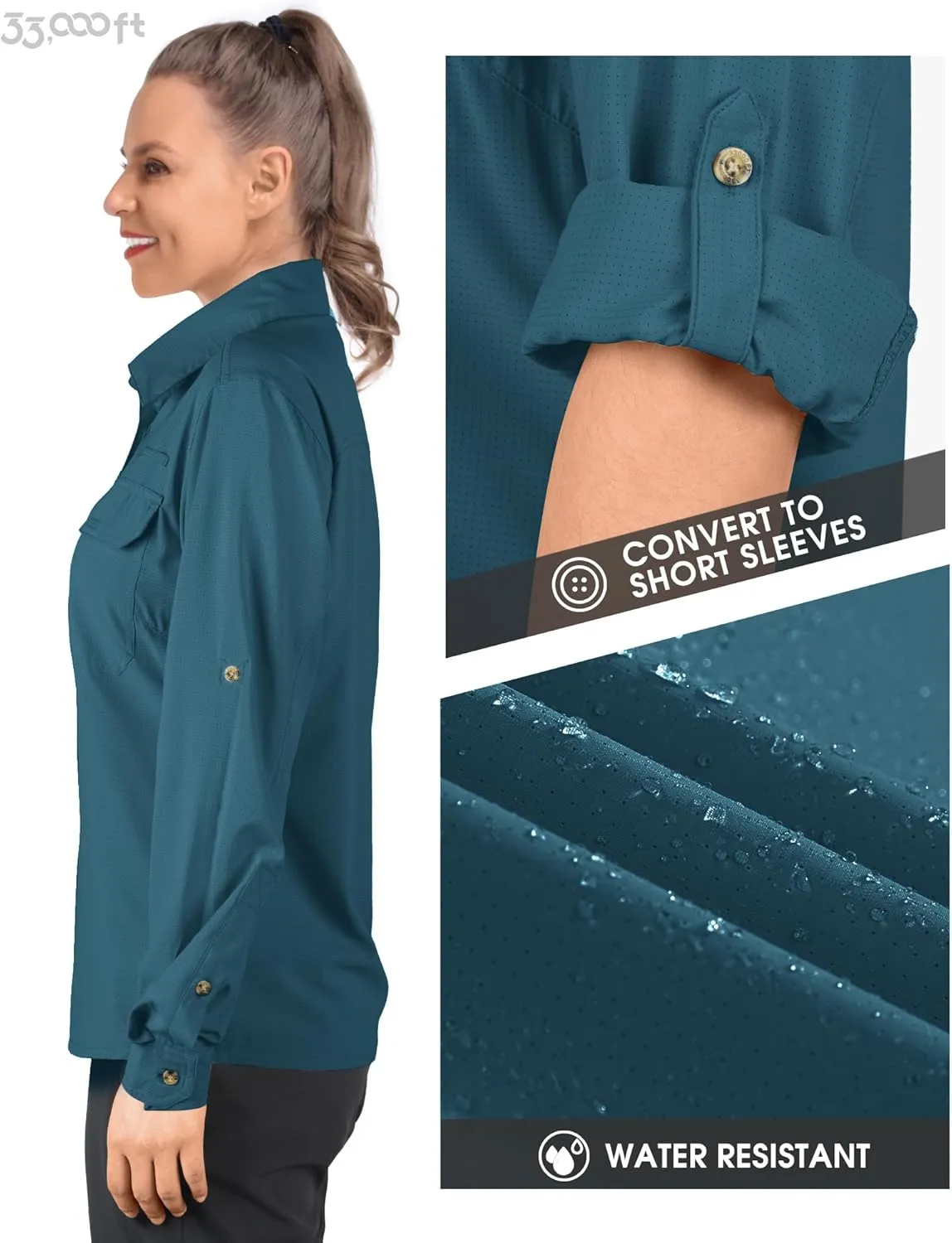 33,000ft Women's UPF 50 UV Sun Protection Shirt, Cool Quick Dry Long Sleeve Outdoor Fishing Hiking Safari Travel Shirt
