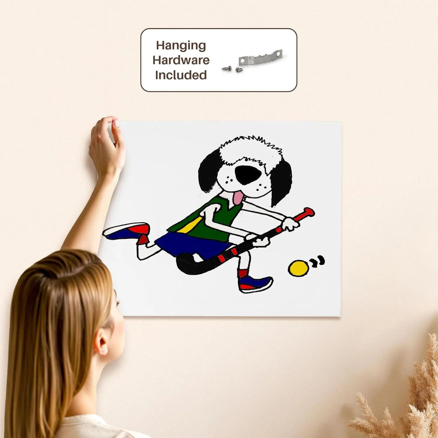 3dRose, Cute funny Old English Sheepdog Playing Field Hockey, Museum Grade Canvas Wrap 20x16