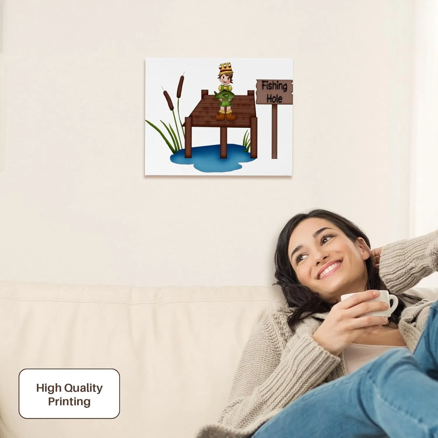 3dRose, Cute Little Boy With A Fish On A Dock Illustration, Museum Grade Canvas Wrap 14x11
