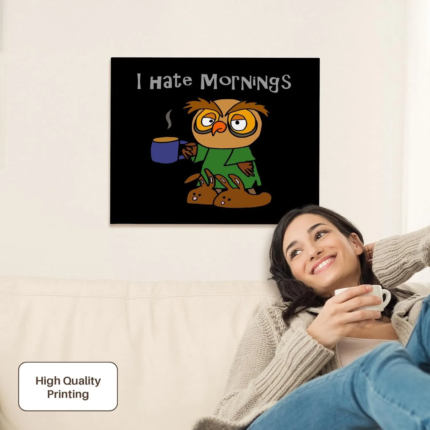 3dRose, Funny Cute Sleepy Owl Bird says I hate Mornings, Museum Grade Canvas Wrap 20x16