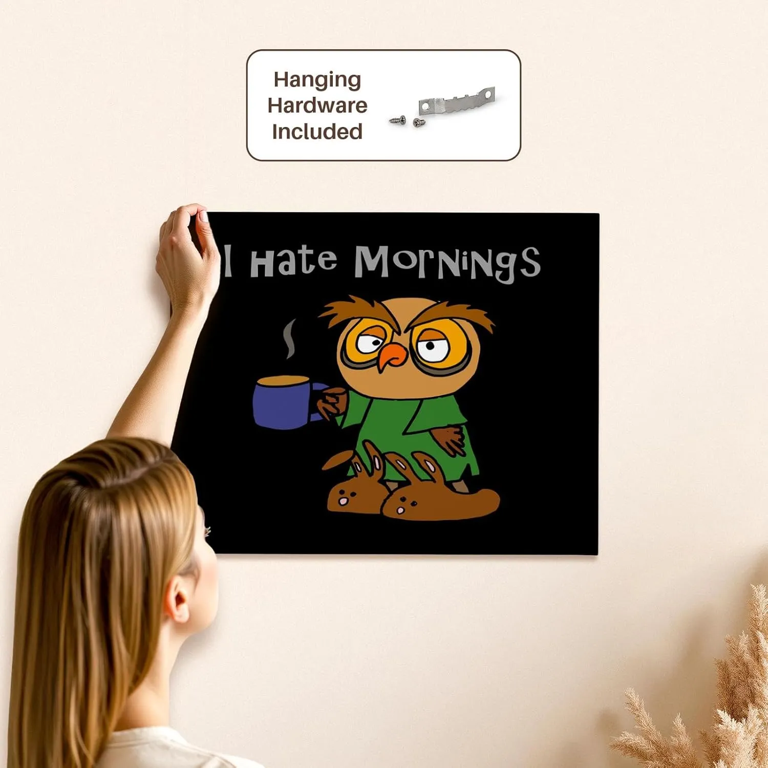 3dRose, Funny Cute Sleepy Owl Bird says I hate Mornings, Museum Grade Canvas Wrap 20x16
