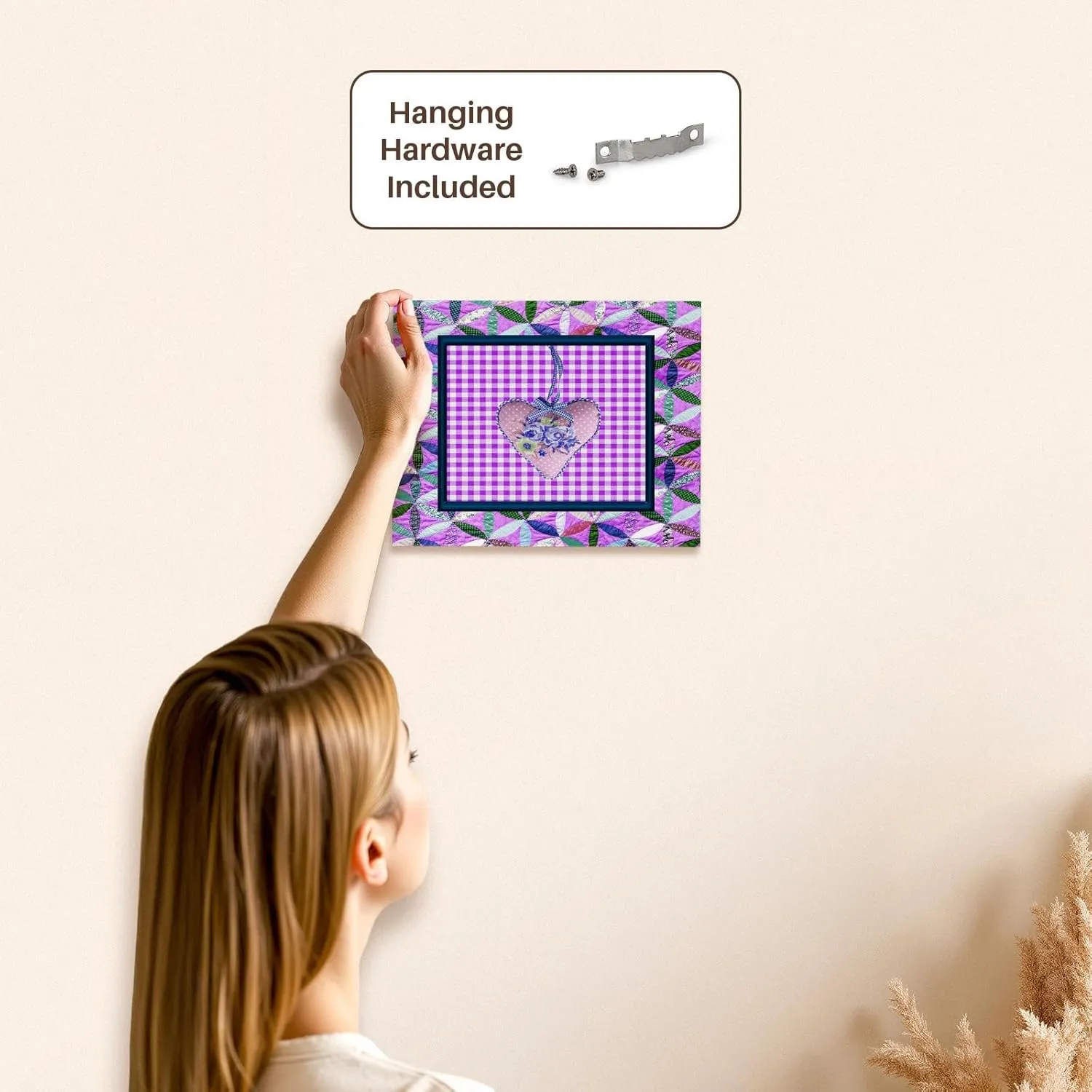 3dRose, Petal Shaped Quilt Look, Frame, Purple Cloth Look Rose Heart, Ribbon, Museum Grade Canvas Wrap 10x8