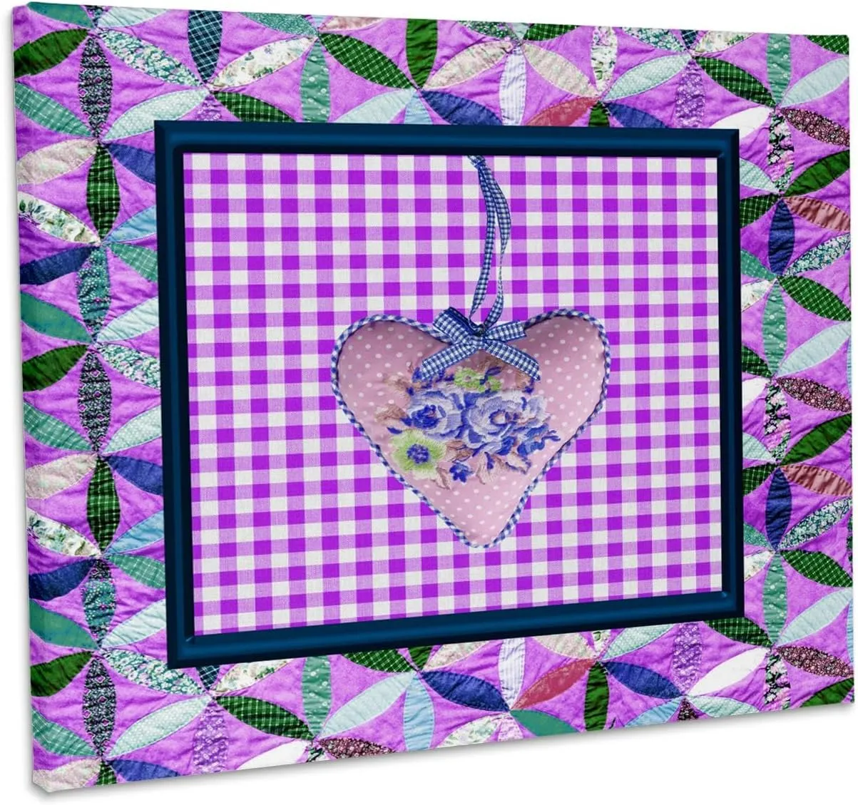 3dRose, Petal Shaped Quilt Look, Frame, Purple Cloth Look Rose Heart, Ribbon, Museum Grade Canvas Wrap 10x8