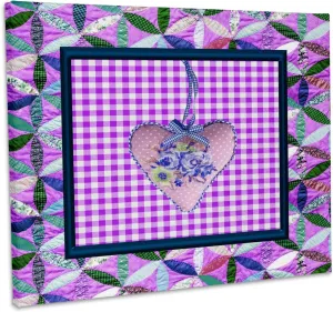 3dRose, Petal Shaped Quilt Look, Frame, Purple Cloth Look Rose Heart, Ribbon, Museum Grade Canvas Wrap 10x8
