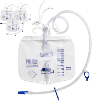 4 Pack Urinary Drainage Bag with Anti-Reflux Chamber, Urine Bag with 2000 mL Volume, 48" Drainage Tube, Clips and Hanging Hook