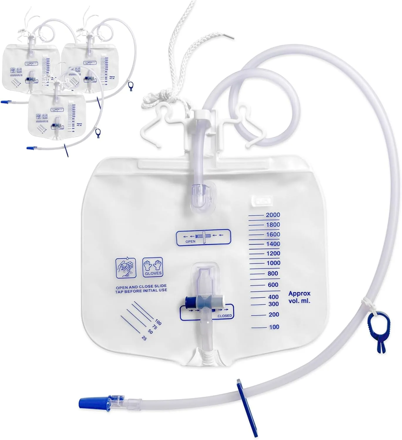 4 Pack Urinary Drainage Bag with Anti-Reflux Chamber, Urine Bag with 2000 mL Volume, 48" Drainage Tube, Clips and Hanging Hook