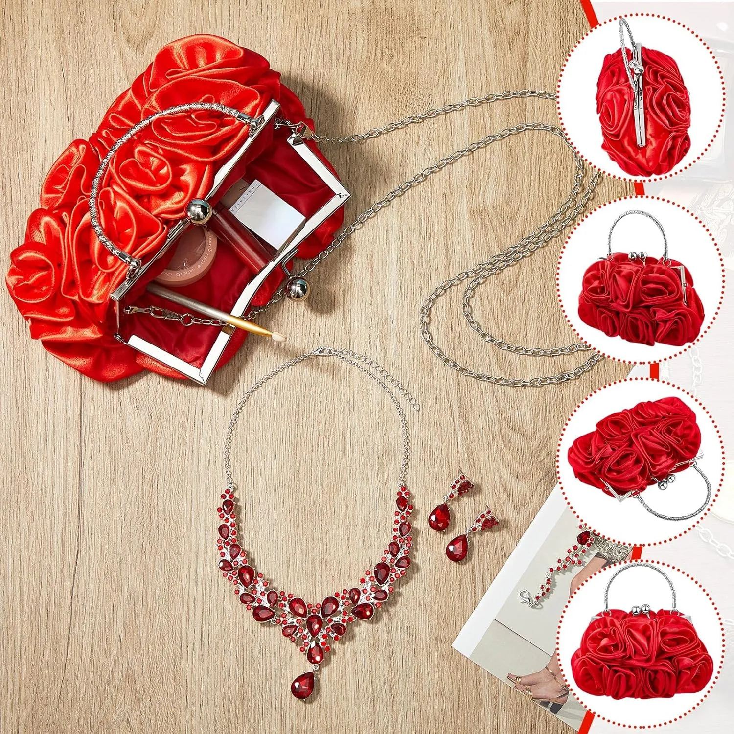 4 Pcs Valentine's Day Flower Clutch Rhinestone Jewelry Set Rose Clutch Handbags with Detachable Strap Detachable Necklace Earrings Bracelets for Wedding Party Prom Valentine's Day Gift