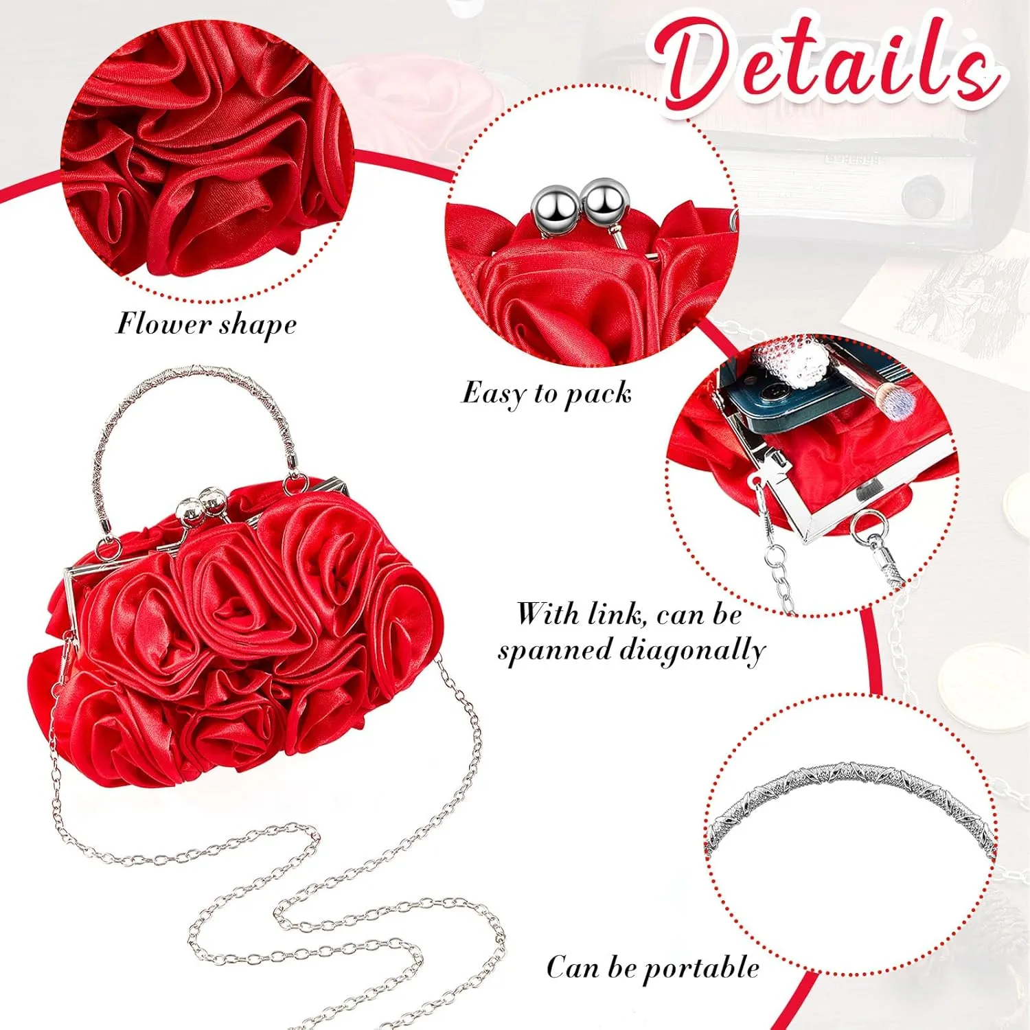4 Pcs Valentine's Day Flower Clutch Rhinestone Jewelry Set Rose Clutch Handbags with Detachable Strap Detachable Necklace Earrings Bracelets for Wedding Party Prom Valentine's Day Gift