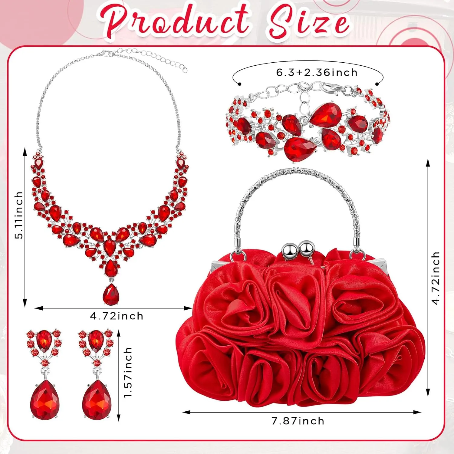 4 Pcs Valentine's Day Flower Clutch Rhinestone Jewelry Set Rose Clutch Handbags with Detachable Strap Detachable Necklace Earrings Bracelets for Wedding Party Prom Valentine's Day Gift