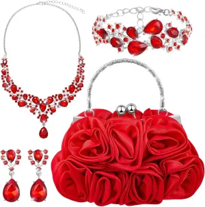 4 Pcs Valentine's Day Flower Clutch Rhinestone Jewelry Set Rose Clutch Handbags with Detachable Strap Detachable Necklace Earrings Bracelets for Wedding Party Prom Valentine's Day Gift