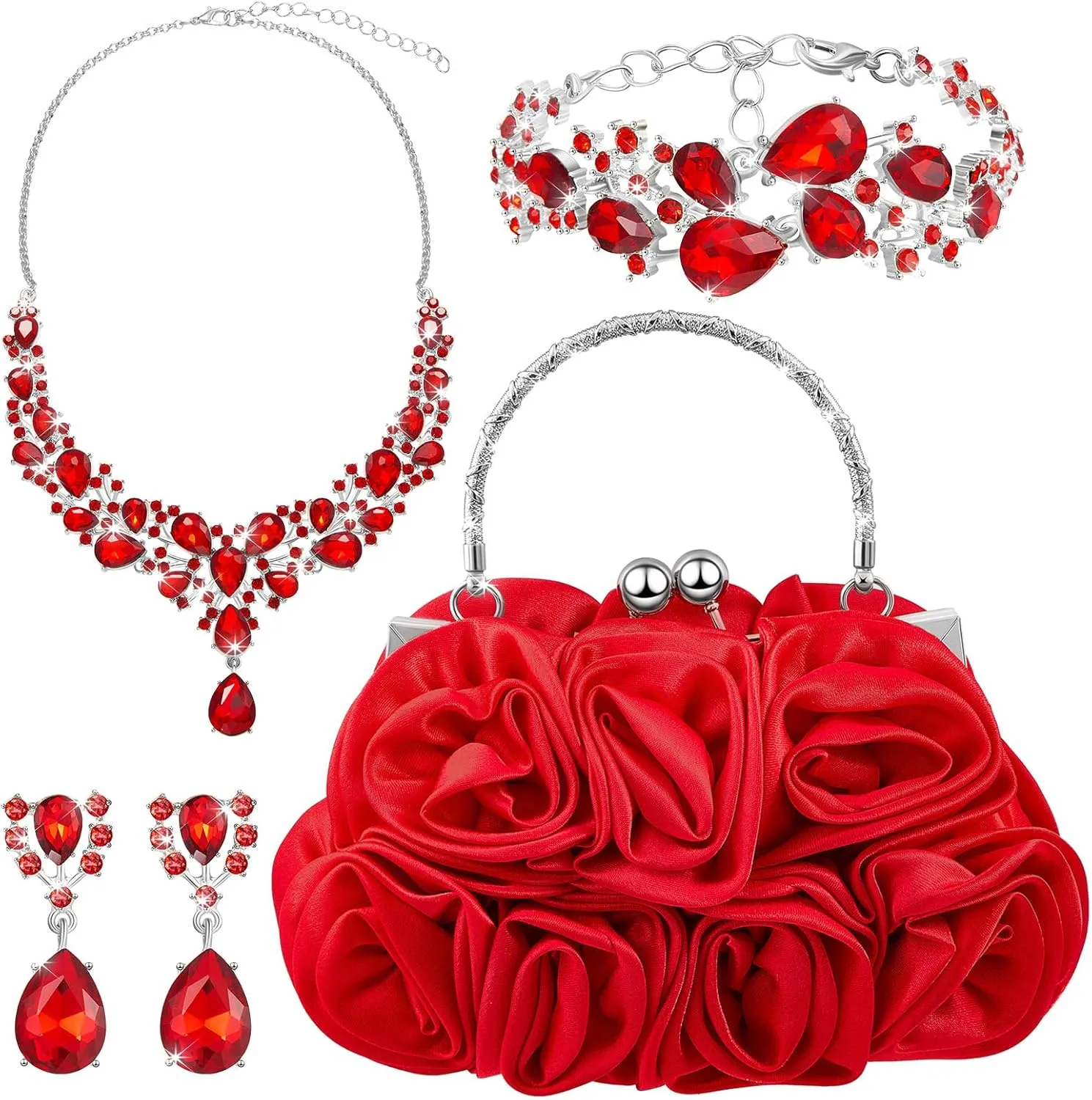 4 Pcs Valentine's Day Flower Clutch Rhinestone Jewelry Set Rose Clutch Handbags with Detachable Strap Detachable Necklace Earrings Bracelets for Wedding Party Prom Valentine's Day Gift