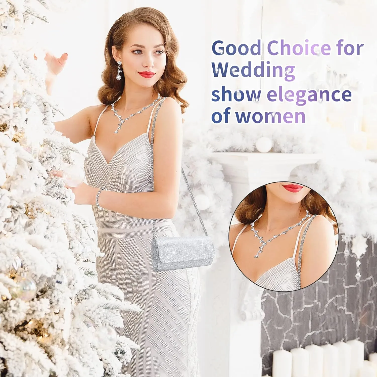 4 Pieces Rhinestone Jewelry SetClutch Purse Prom Jewelry Sets Wedding Bridal Jewelry Rhinestone Necklace Dangle Ear ClipCrystal Jewelry Set Wedding Party