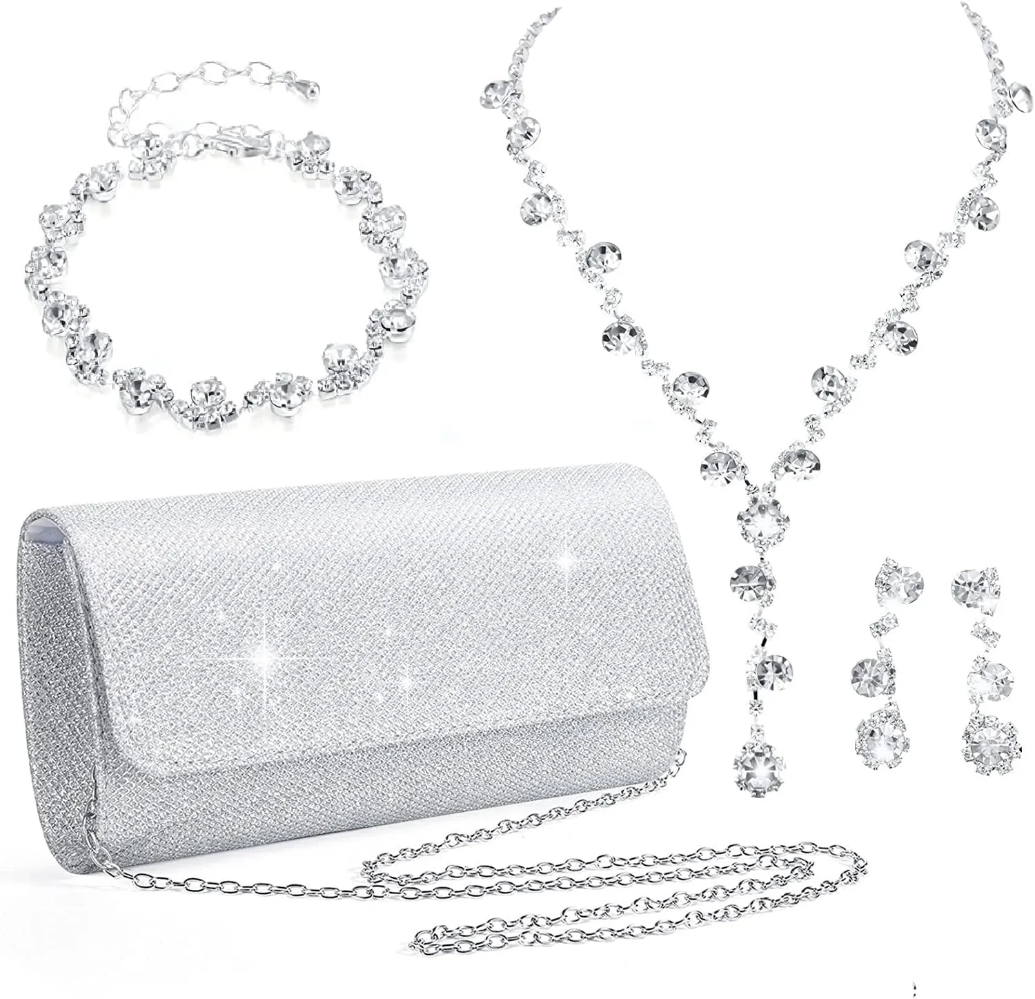 4 Pieces Rhinestone Jewelry SetClutch Purse Prom Jewelry Sets Wedding Bridal Jewelry Rhinestone Necklace Dangle Ear ClipCrystal Jewelry Set Wedding Party