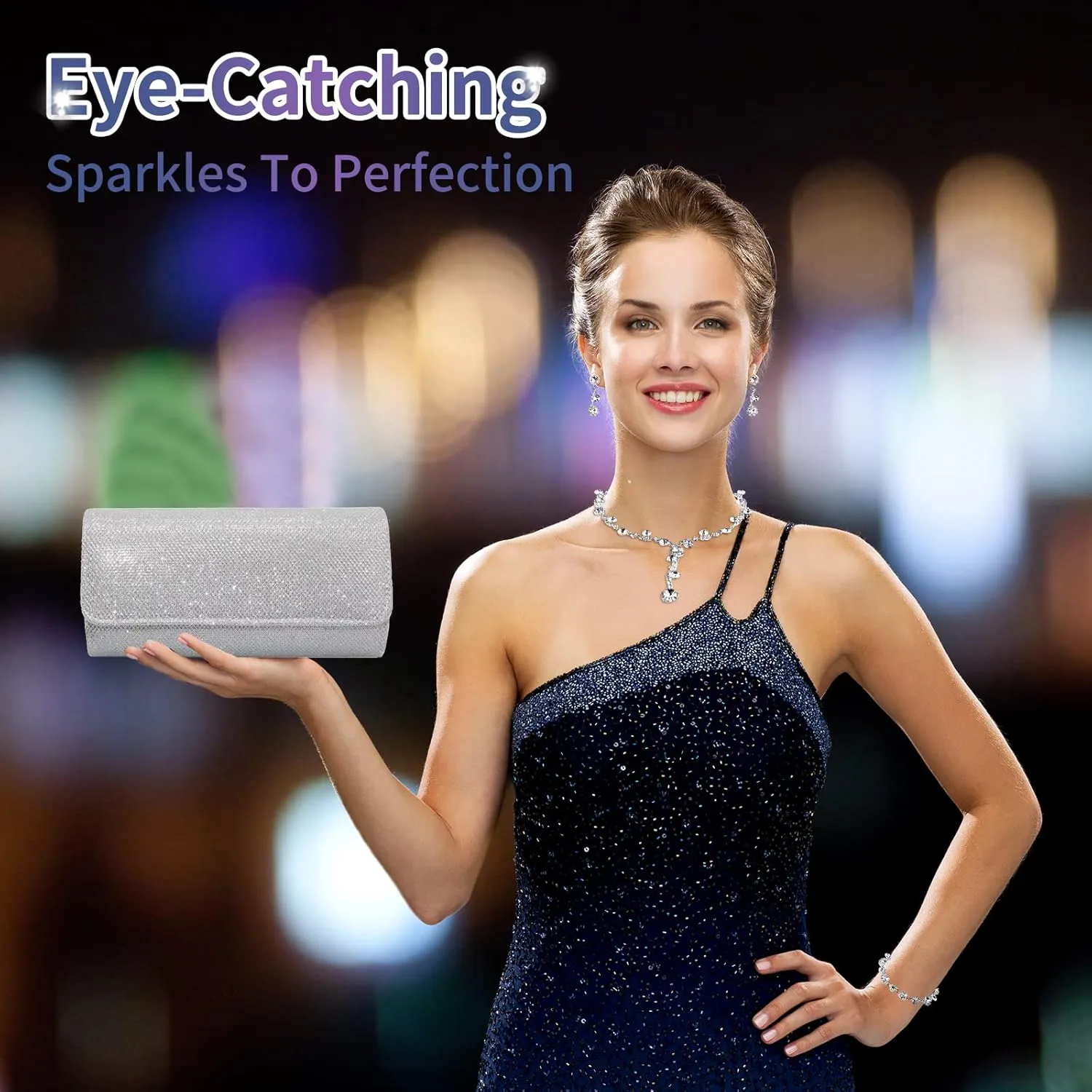 4 Pieces Rhinestone Jewelry SetClutch Purse Prom Jewelry Sets Wedding Bridal Jewelry Rhinestone Necklace Dangle Ear ClipCrystal Jewelry Set Wedding Party