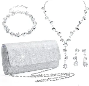4 Pieces Rhinestone Jewelry SetClutch Purse Prom Jewelry Sets Wedding Bridal Jewelry Rhinestone Necklace Dangle Ear ClipCrystal Jewelry Set Wedding Party