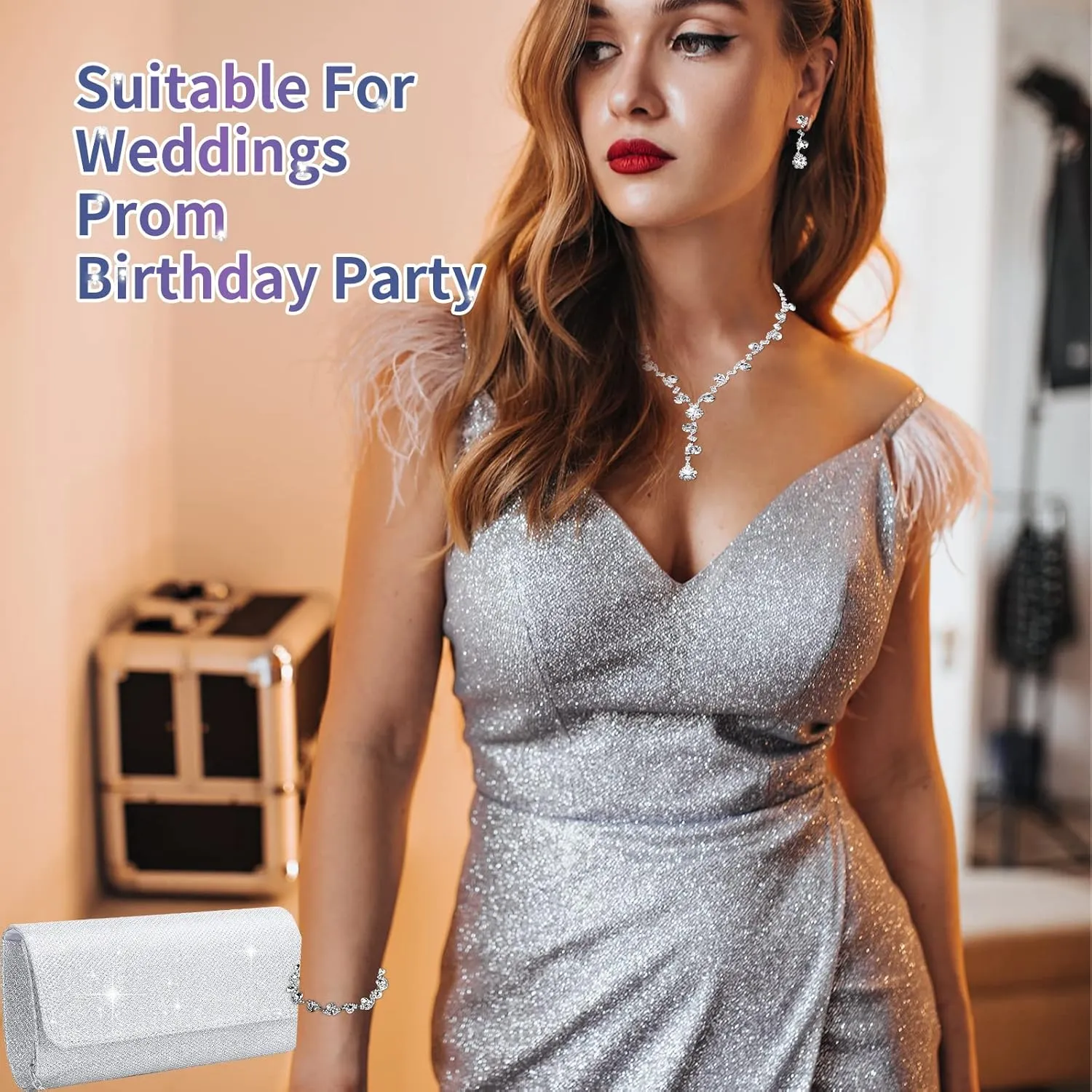 4 Pieces Rhinestone Jewelry SetClutch Purse Prom Jewelry Sets Wedding Bridal Jewelry Rhinestone Necklace Dangle Ear ClipCrystal Jewelry Set Wedding Party
