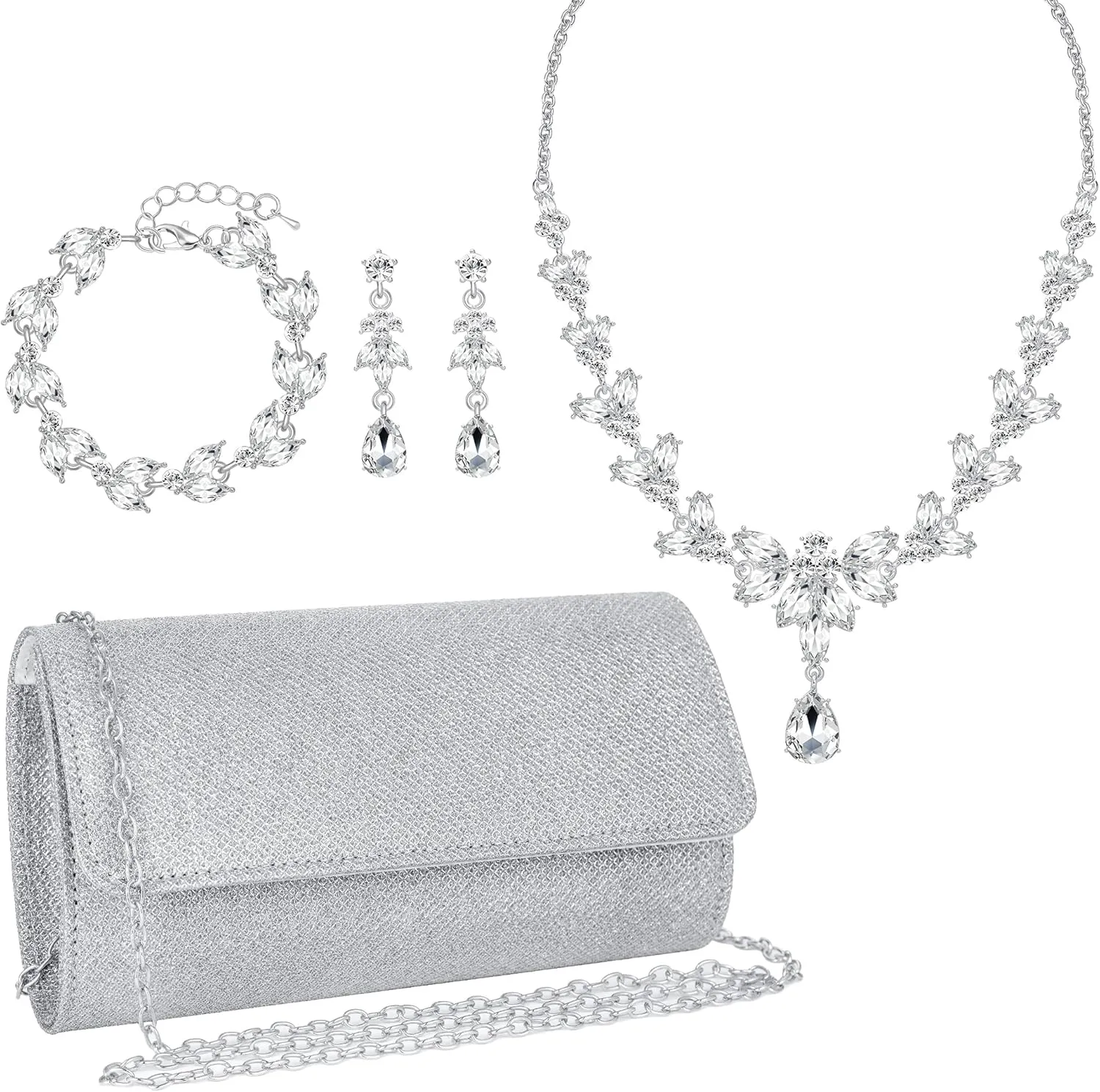 4 Pieces Silver Clutch Purses Rhinestone Crystal Choker Necklace Teardrop Dangle Earrings Link Tennis Bracelet Jewelry Set Evening Bag Handbag Crossbody Envelope for Women