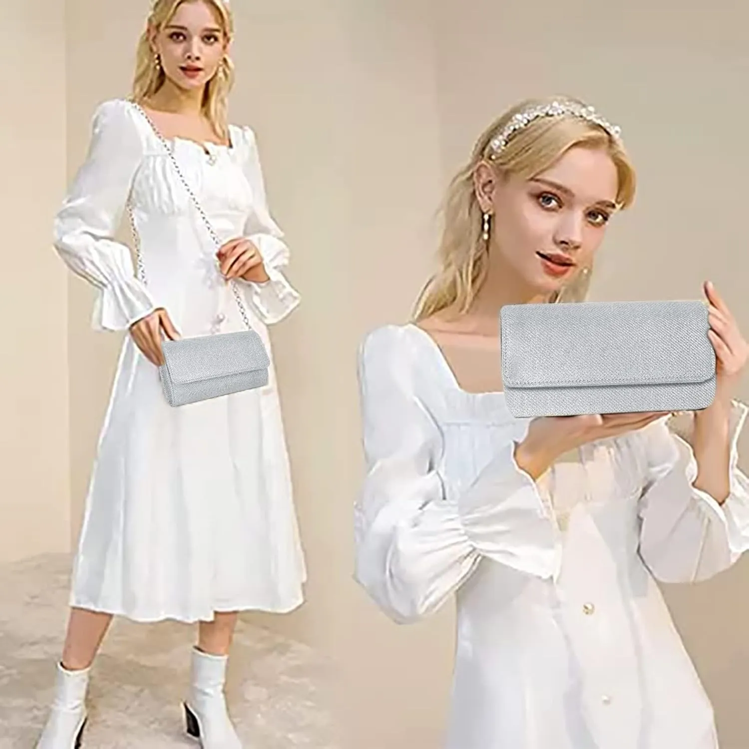 4 Pieces Silver Clutch Purses Rhinestone Crystal Choker Necklace Teardrop Dangle Earrings Link Tennis Bracelet Jewelry Set Evening Bag Handbag Crossbody Envelope for Women