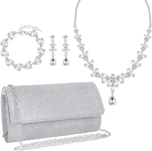 4 Pieces Silver Clutch Purses Rhinestone Crystal Choker Necklace Teardrop Dangle Earrings Link Tennis Bracelet Jewelry Set Evening Bag Handbag Crossbody Envelope for Women