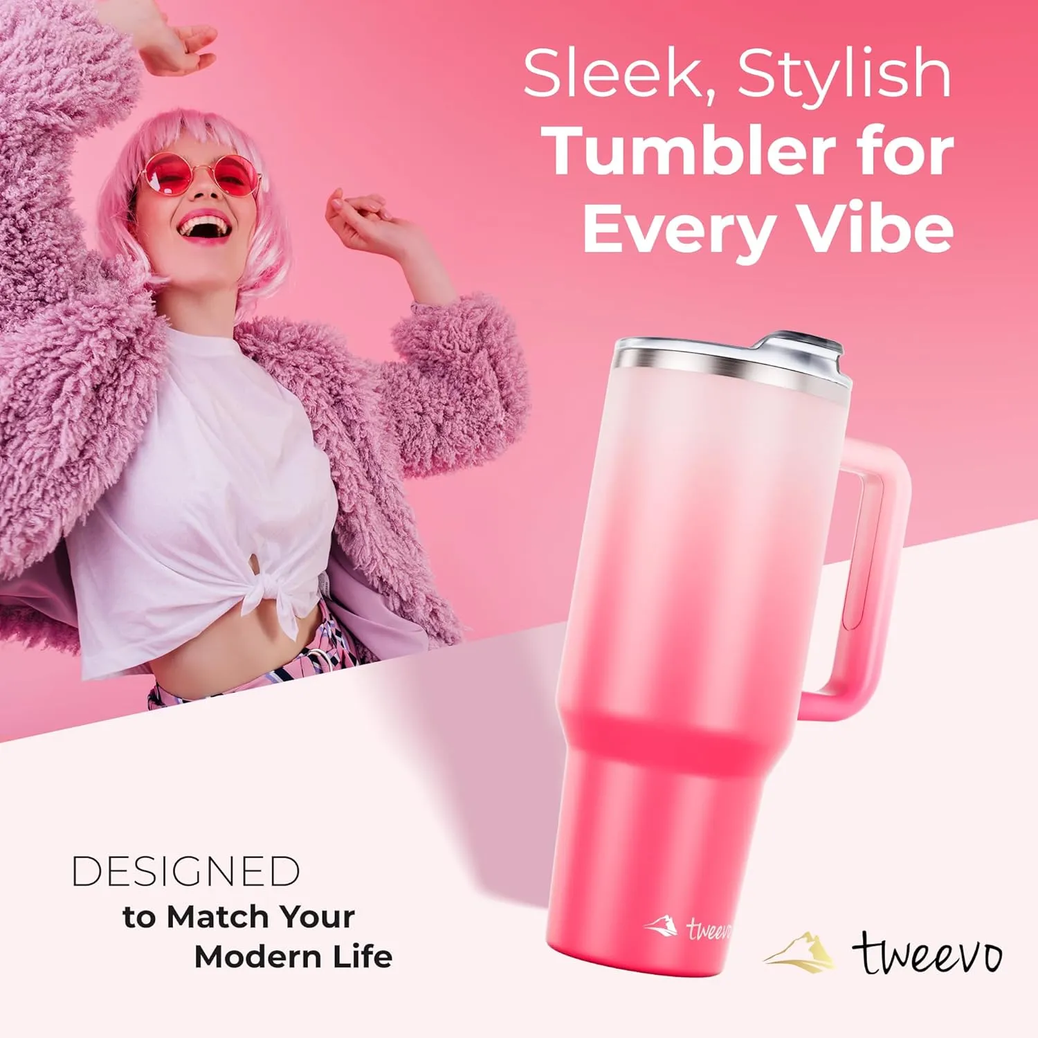 40 oz Tumbler With Handle and Straw Made of Stainless Steel - Double Wall Vacuum Insulated Tumbler With Lid - Sweat Proof Easy Grip, BPA-Free, Dishwasher Safe Tumbler (Misty Pink)