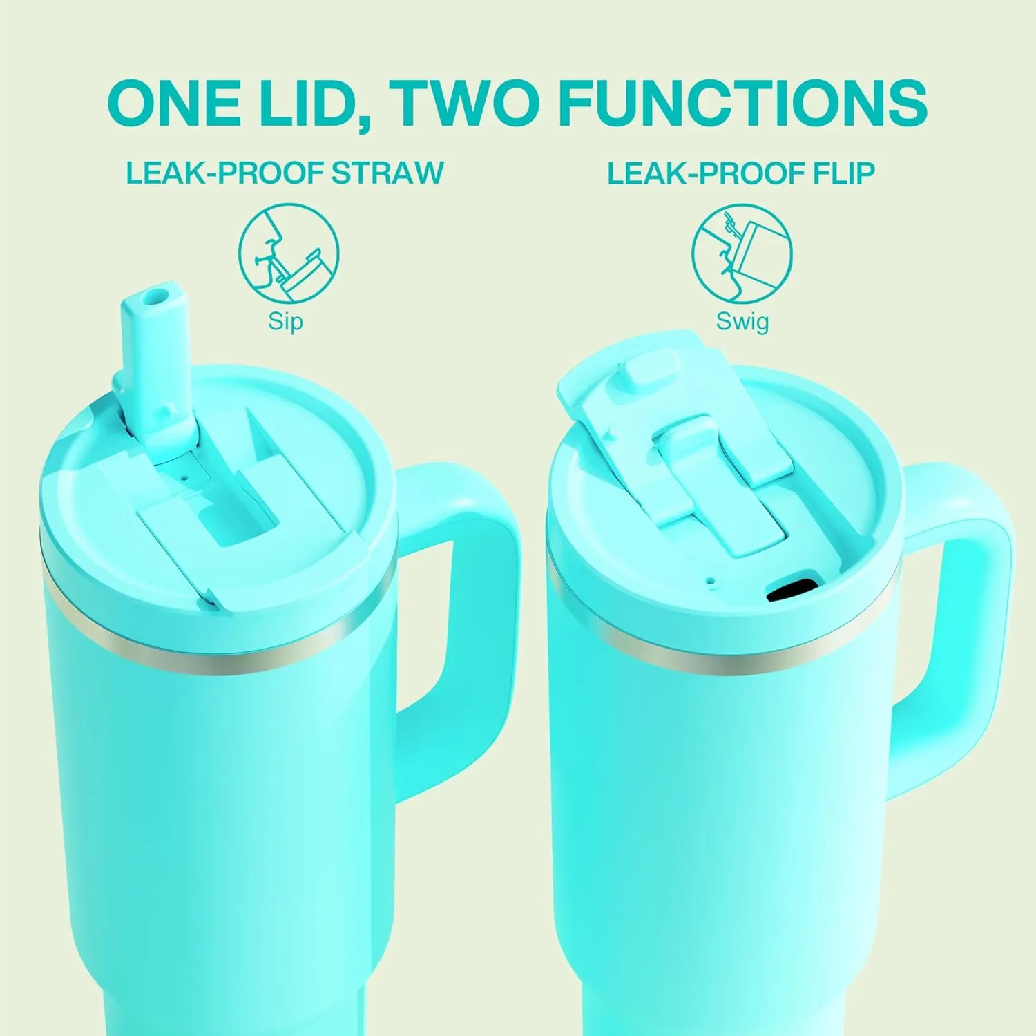 40 oz Tumbler with Handle and Straw: Stainless Steel Insulated Tumbler Keeps Cold for 24 Hours, Leakproof Travel Cup Fits in Cup Holder and BPA-Free, Aquamarine Blue