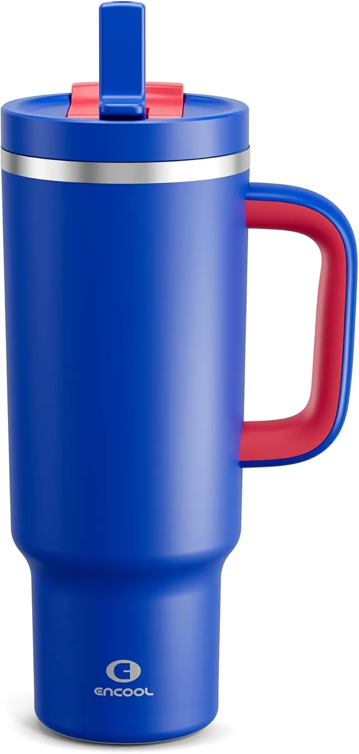 40 oz Tumbler with Handle and Straw: Stainless Steel Insulated Tumbler Keeps Cold for 24 Hours, Leakproof Travel Cup Fits in Cup Holder and BPA-Free, Beaucoup Blue