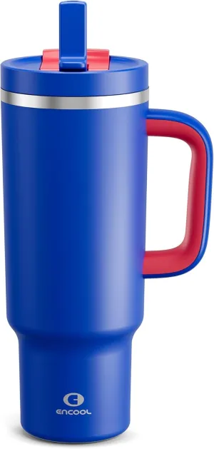 40 oz Tumbler with Handle and Straw: Stainless Steel Insulated Tumbler Keeps Cold for 24 Hours, Leakproof Travel Cup Fits in Cup Holder and BPA-Free, Beaucoup Blue