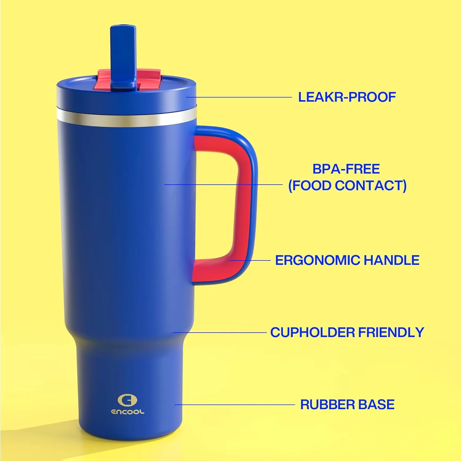 40 oz Tumbler with Handle and Straw: Stainless Steel Insulated Tumbler Keeps Cold for 24 Hours, Leakproof Travel Cup Fits in Cup Holder and BPA-Free, Beaucoup Blue