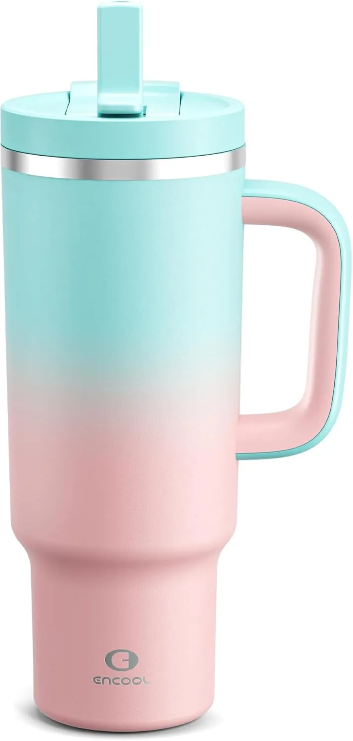 40 oz Tumbler with Handle and Straw: Stainless Steel Insulated Tumbler Keeps Cold for 24 Hours, Leakproof Travel Cup Fits in Cup Holder and BPA-Free, Cherry Blossom