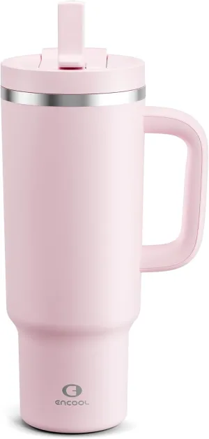 40 oz Tumbler with Handle and Straw: Stainless Steel Insulated Tumbler Keeps Cold for 24 Hours, Leakproof Travel Cup Fits in Cup Holder and BPA-Free, Cotton Candy