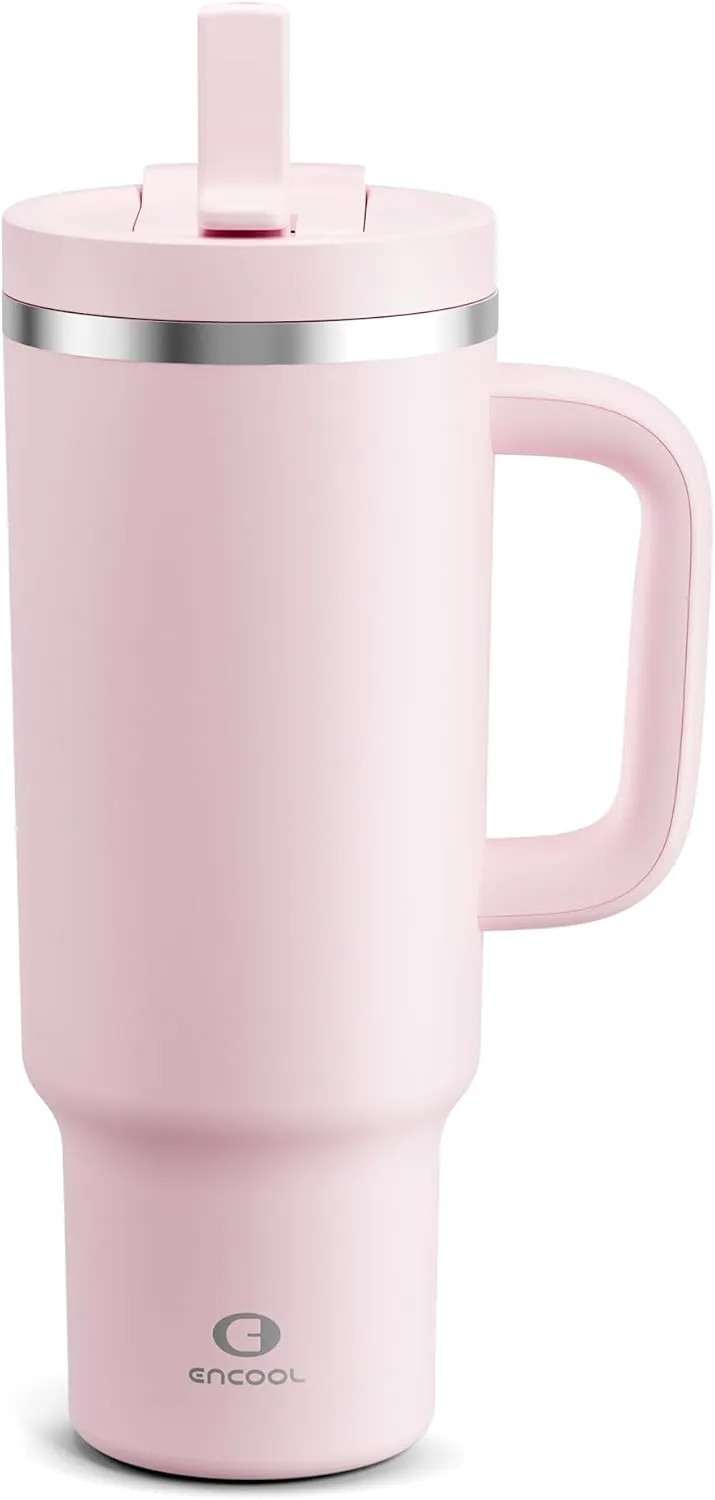40 oz Tumbler with Handle and Straw: Stainless Steel Insulated Tumbler Keeps Cold for 24 Hours, Leakproof Travel Cup Fits in Cup Holder and BPA-Free, Cotton Candy