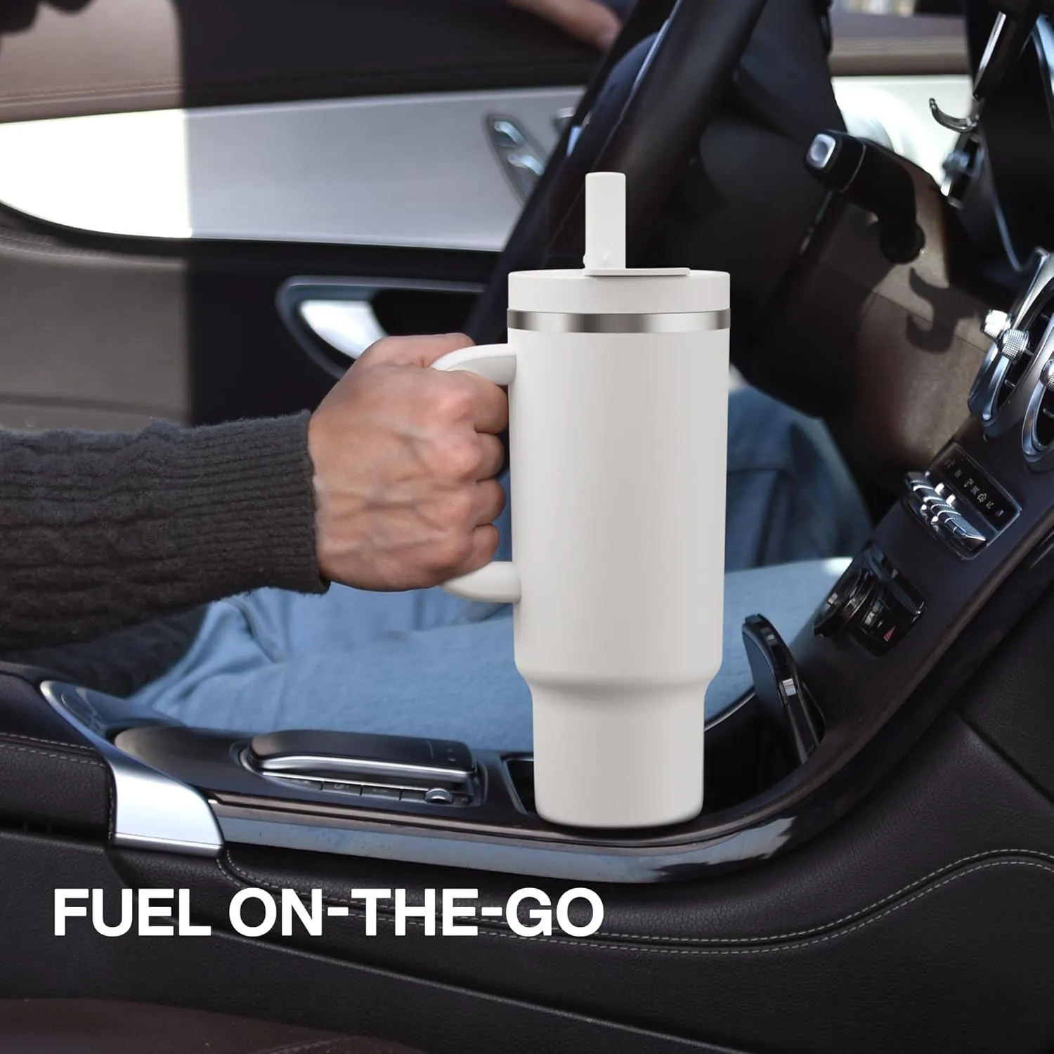 40 oz Tumbler with Handle and Straw: Stainless Steel Insulated Tumbler Keeps Cold for 24 Hours, Leakproof Travel Cup Fits in Cup Holder and BPA-Free, Cream Moon