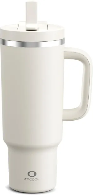 40 oz Tumbler with Handle and Straw: Stainless Steel Insulated Tumbler Keeps Cold for 24 Hours, Leakproof Travel Cup Fits in Cup Holder and BPA-Free, Cream Moon