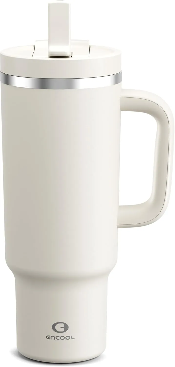 40 oz Tumbler with Handle and Straw: Stainless Steel Insulated Tumbler Keeps Cold for 24 Hours, Leakproof Travel Cup Fits in Cup Holder and BPA-Free, Cream Moon