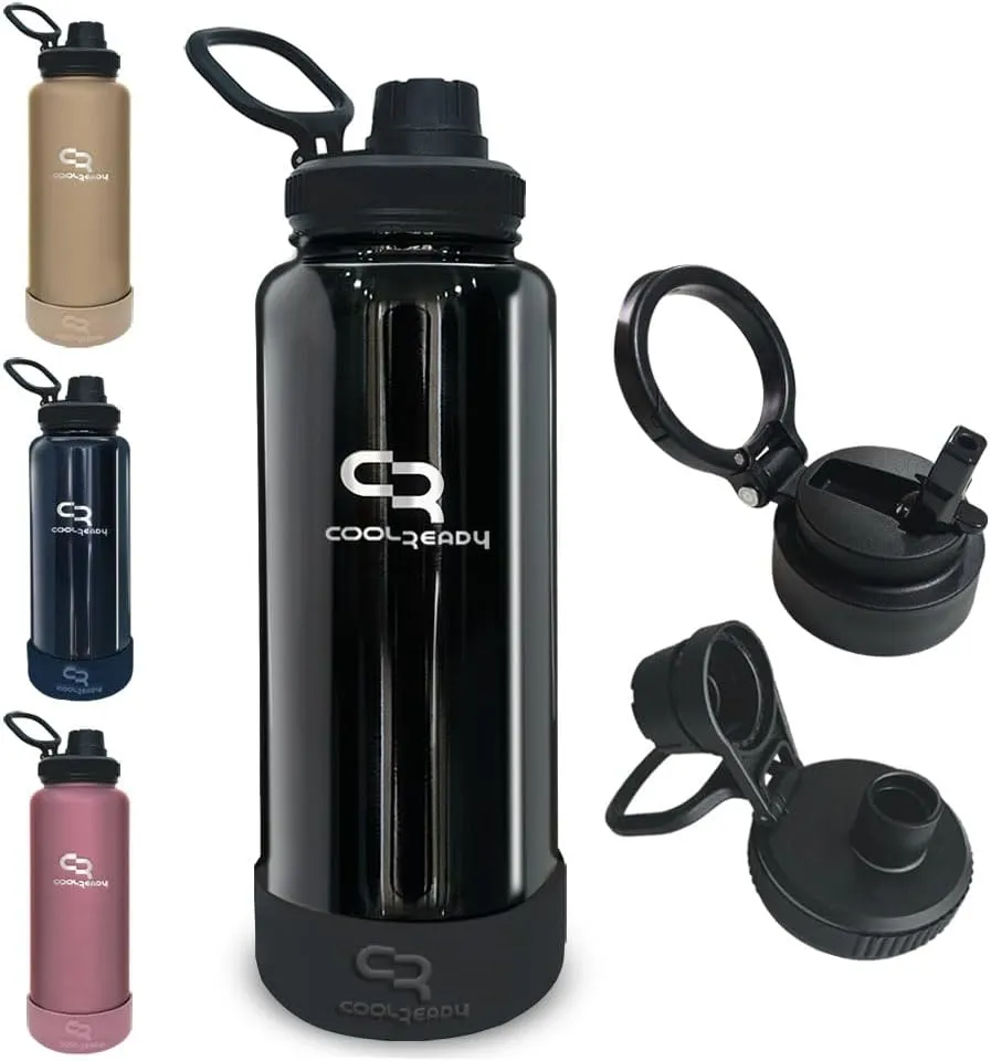 40oz Black Double Walled Insulated Stainless Steel Water Bottle with Straw Lid, Chug Lid, Silicon Boot, Wide Mouth, Workout Bottle for Men and Women