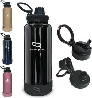 40oz Black Double Walled Insulated Stainless Steel Water Bottle with Straw Lid, Chug Lid, Silicon Boot, Wide Mouth, Workout Bottle for Men and Women