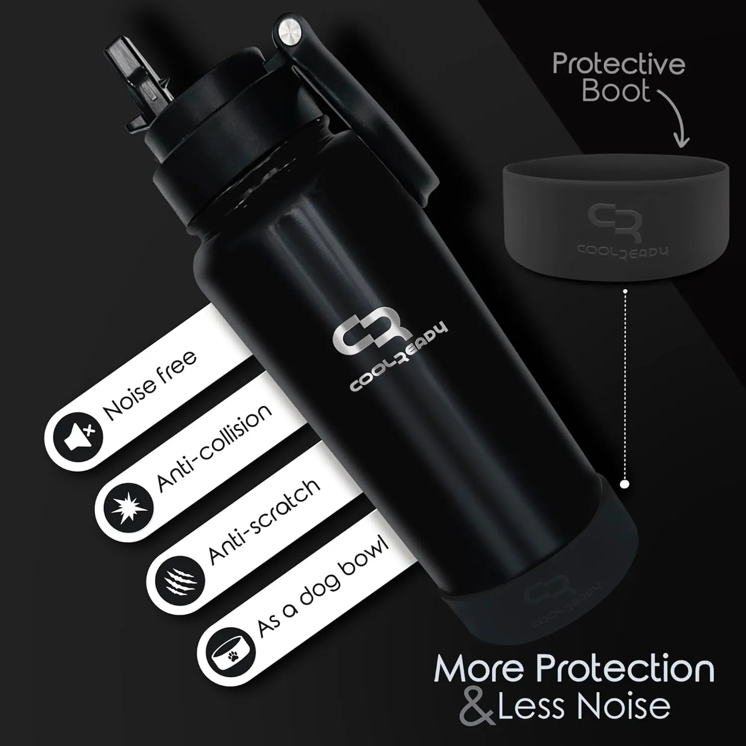 40oz Black Double Walled Insulated Stainless Steel Water Bottle with Straw Lid, Chug Lid, Silicon Boot, Wide Mouth, Workout Bottle for Men and Women
