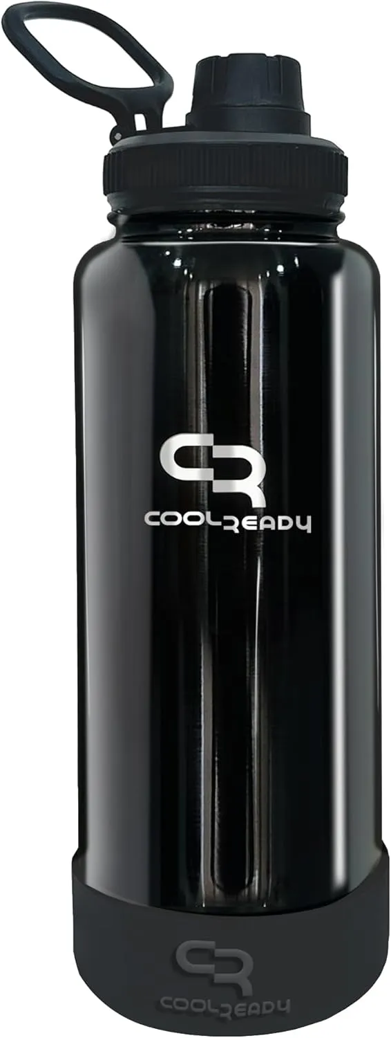 40oz Black Double Walled Insulated Stainless Steel Water Bottle with Straw Lid, Chug Lid, Silicon Boot, Wide Mouth, Workout Bottle for Men and Women