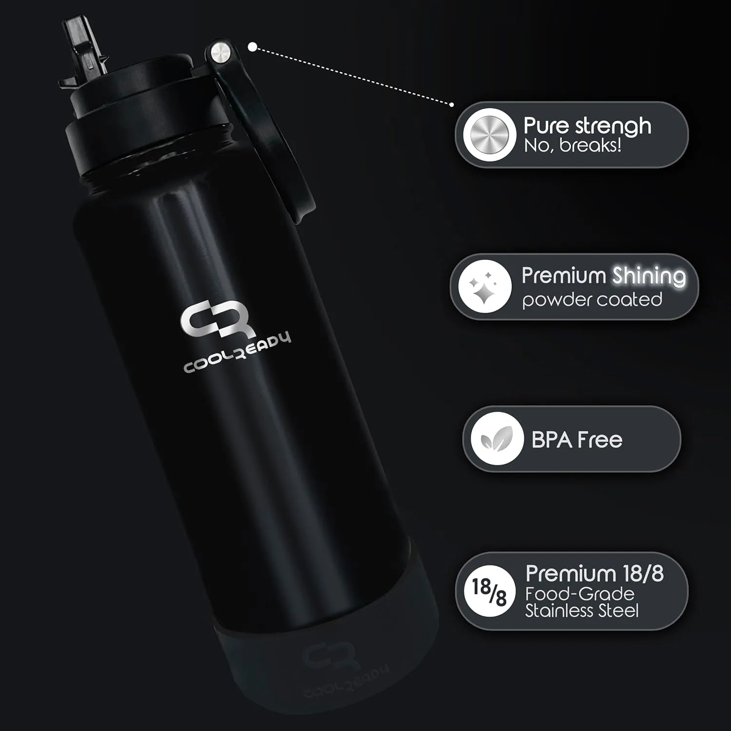40oz Black Double Walled Insulated Stainless Steel Water Bottle with Straw Lid, Chug Lid, Silicon Boot, Wide Mouth, Workout Bottle for Men and Women